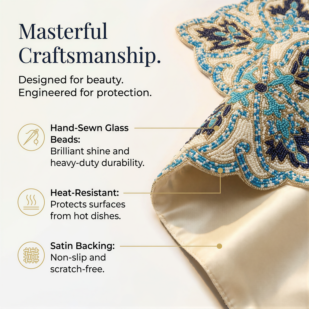 Beaded Table Runner - Blue White 36" x 13" | Embroidered Satin Fabric Backing