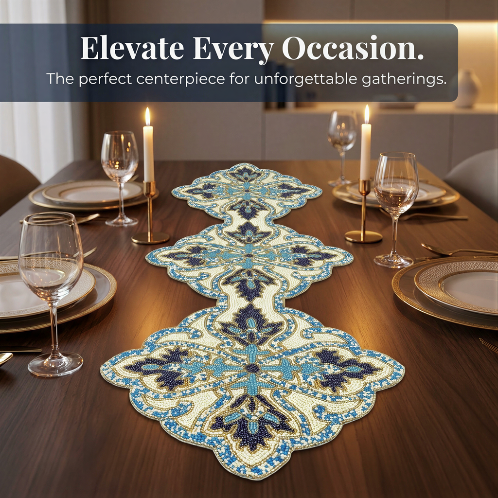 Beaded Table Runner - Blue White Satin Fabric Runner with Glass Bead Decoration, 54" x 13"