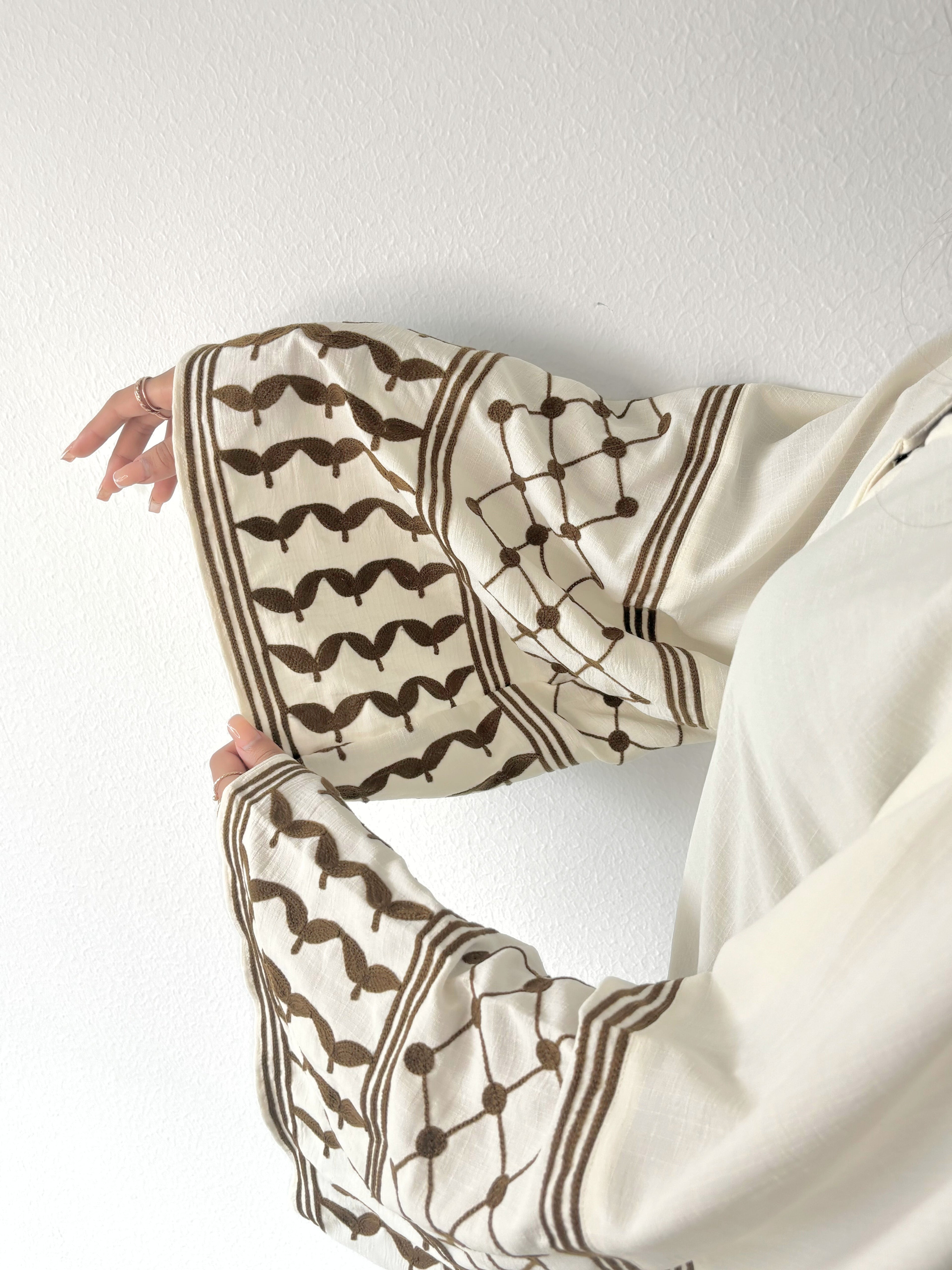 Kefiyyeh Inspired Abaya - White ( Brown Embroidery )