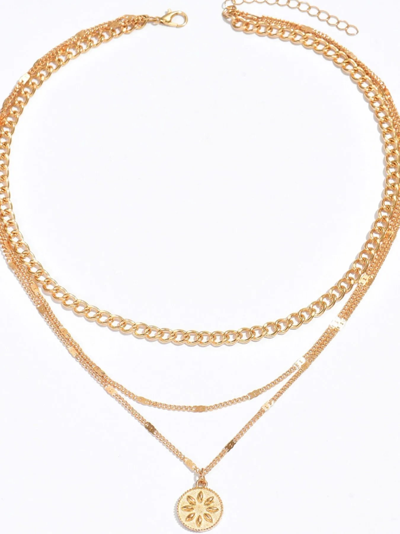 18K Gold-Plated Layered Necklace with Sun Medallion Pendant