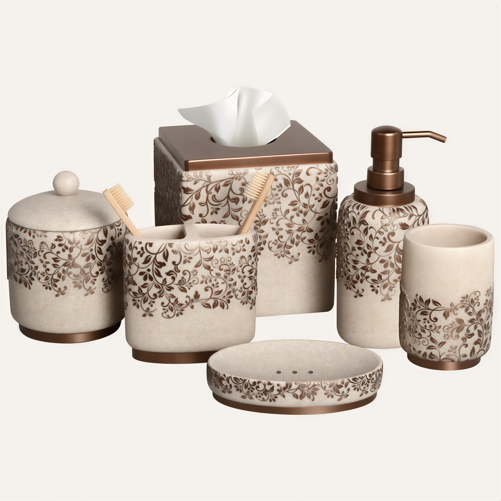 Bathroom Accessories Set | Modern Beige 6-Piece Bath Décor & Countertop Essentials
