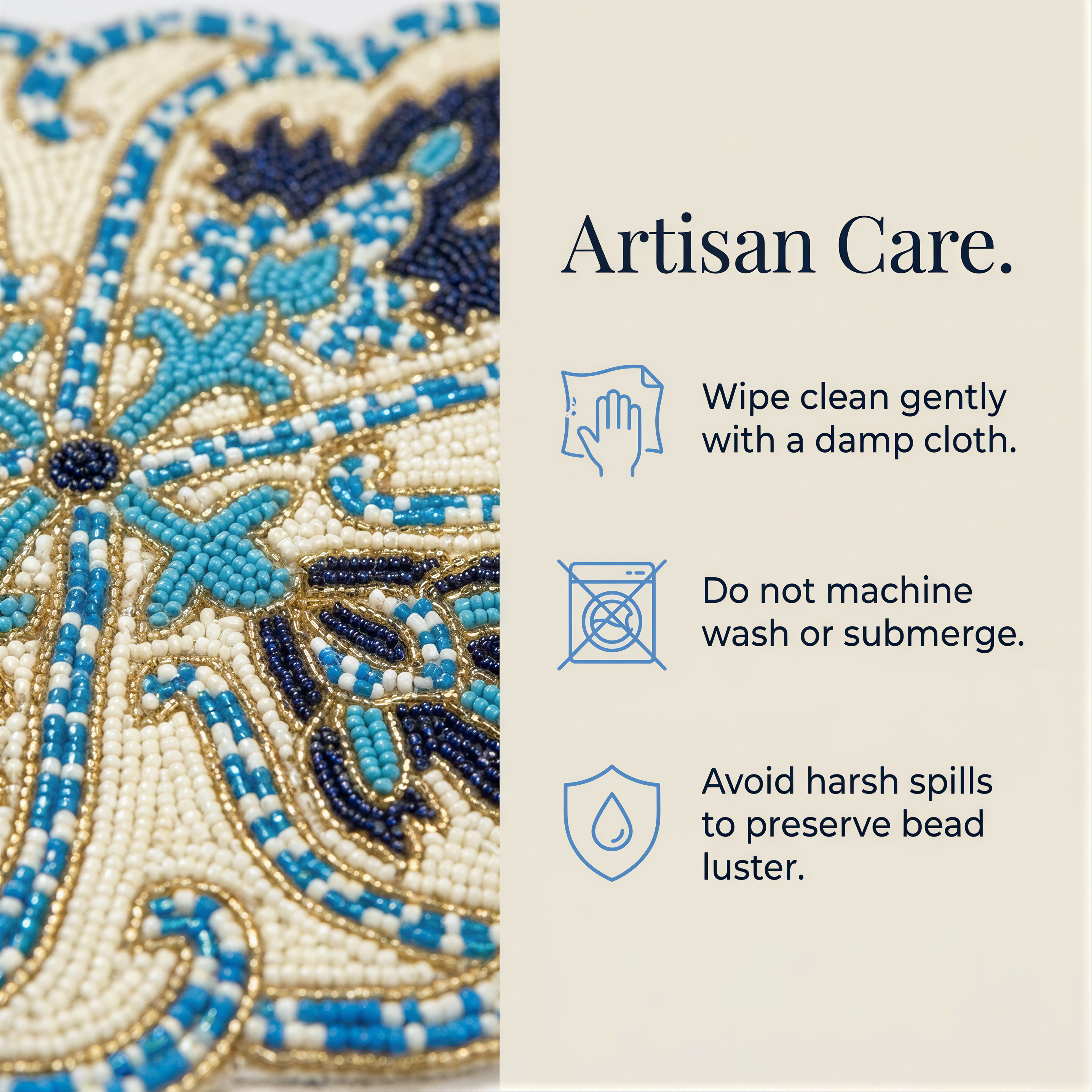 Beaded Table Runner - Blue White 36" x 13" | Embroidered Satin Fabric Backing