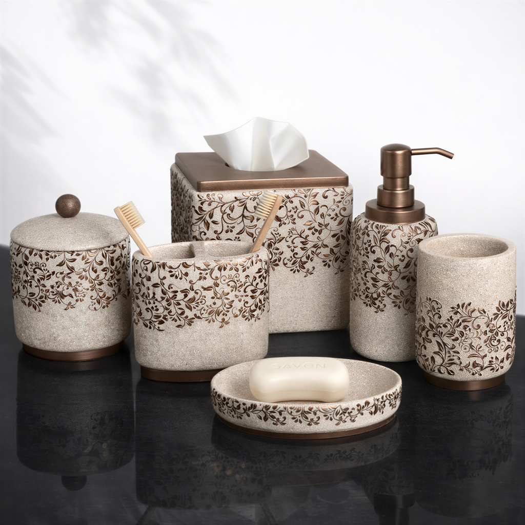 Bathroom Accessories Set | Modern Beige 6-Piece Bath Décor & Countertop Essentials