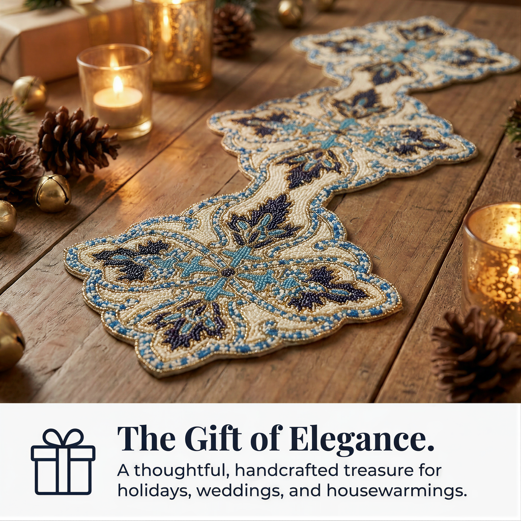 Beaded Table Runner - Blue White 36" x 13" | Embroidered Satin Fabric Backing