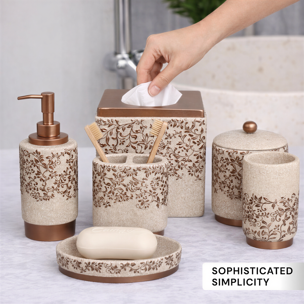 Bathroom Accessories Set | Modern Beige 6-Piece Bath Décor & Countertop Essentials