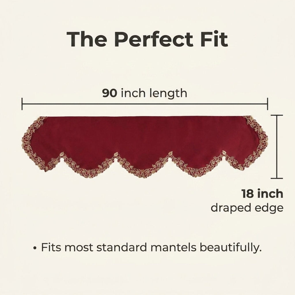 Burgundy Mantel Scarf – Rustic Fireplace Decor | Polyester Embroidered Table Linen Protector 18x90 Inch