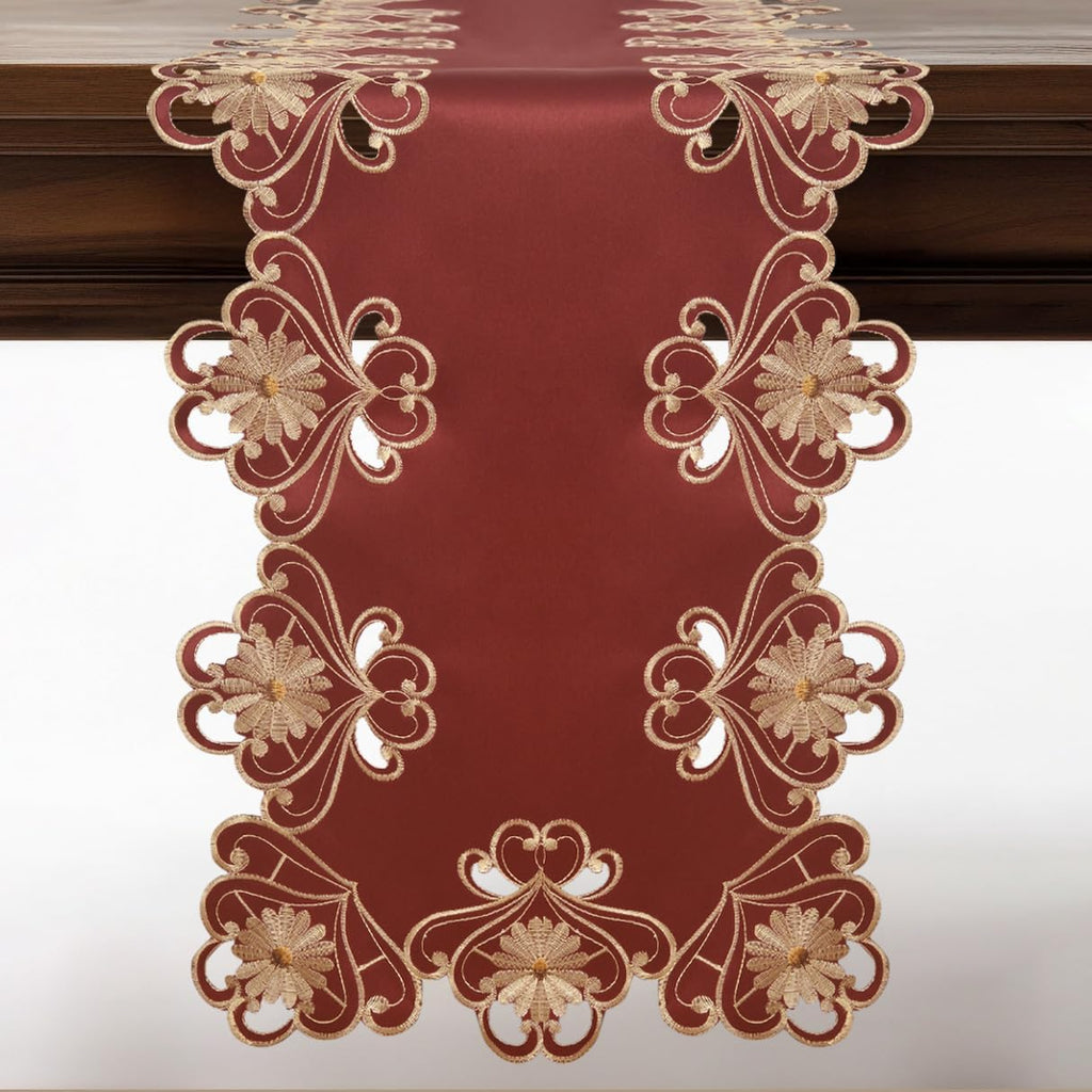 Red Lace Table Runner – European Embroidery Design, Rustic Dining Table Decor 14x108 Inch