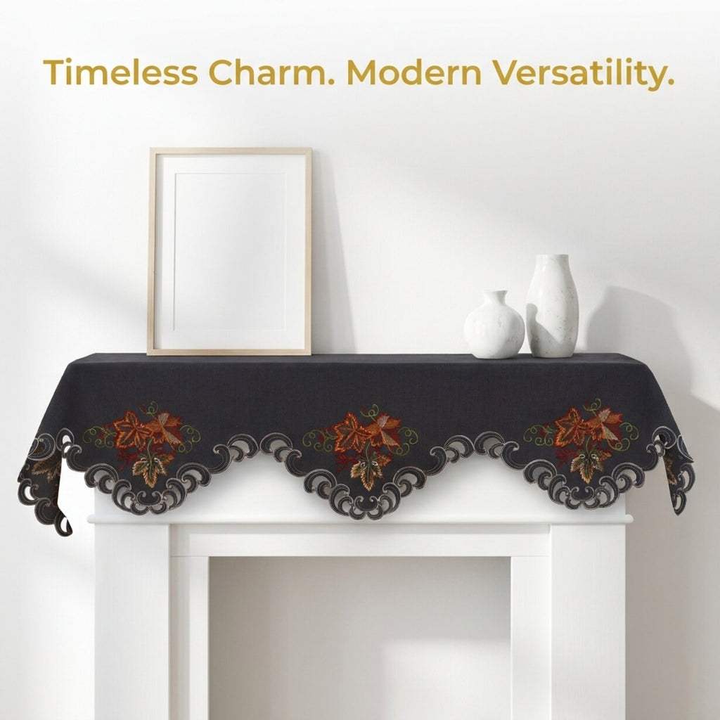Mantel Scarf Cover – Charcoal Gray Embroidered Lace Table Runner Decor 18x90 Inch