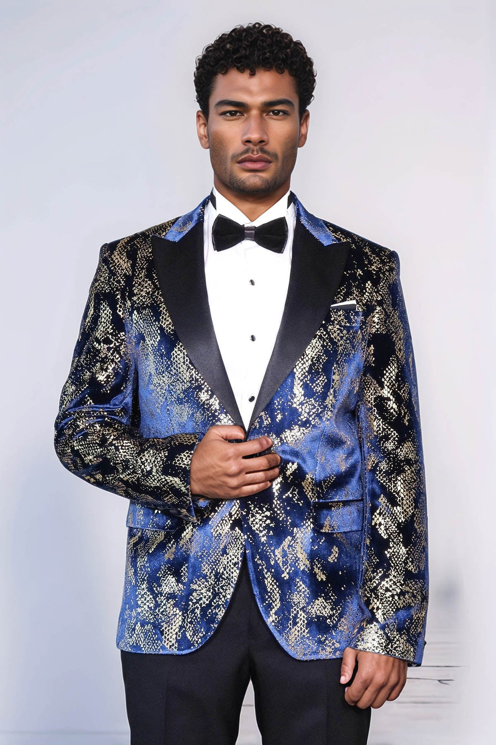 Peak Lapel Slim Fit Gold Patterned Navy Blue Men Party Blazer