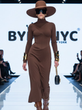 High Neck Waist-Cinched Slit Dress For Women, Elegant, Fifth Avenue, BYMANYC New York.