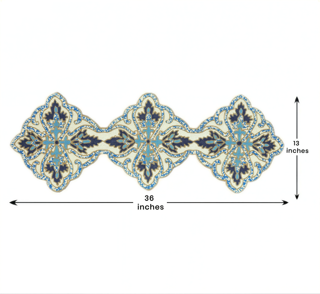Beaded Table Runner - Blue White Satin Fabric Runner with Glass Bead Decoration, 54" x 13"