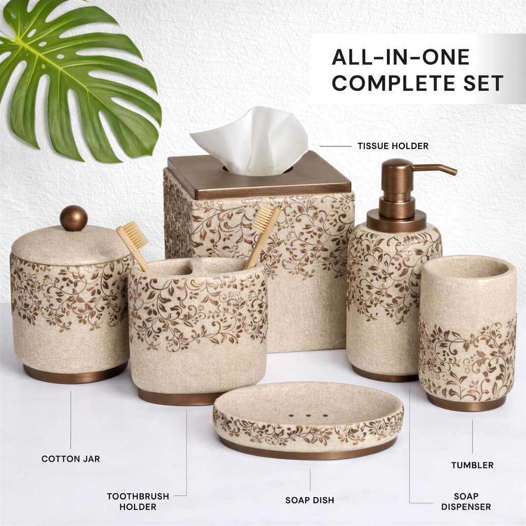 Bathroom Accessories Set | Modern Beige 6-Piece Bath Décor & Countertop Essentials