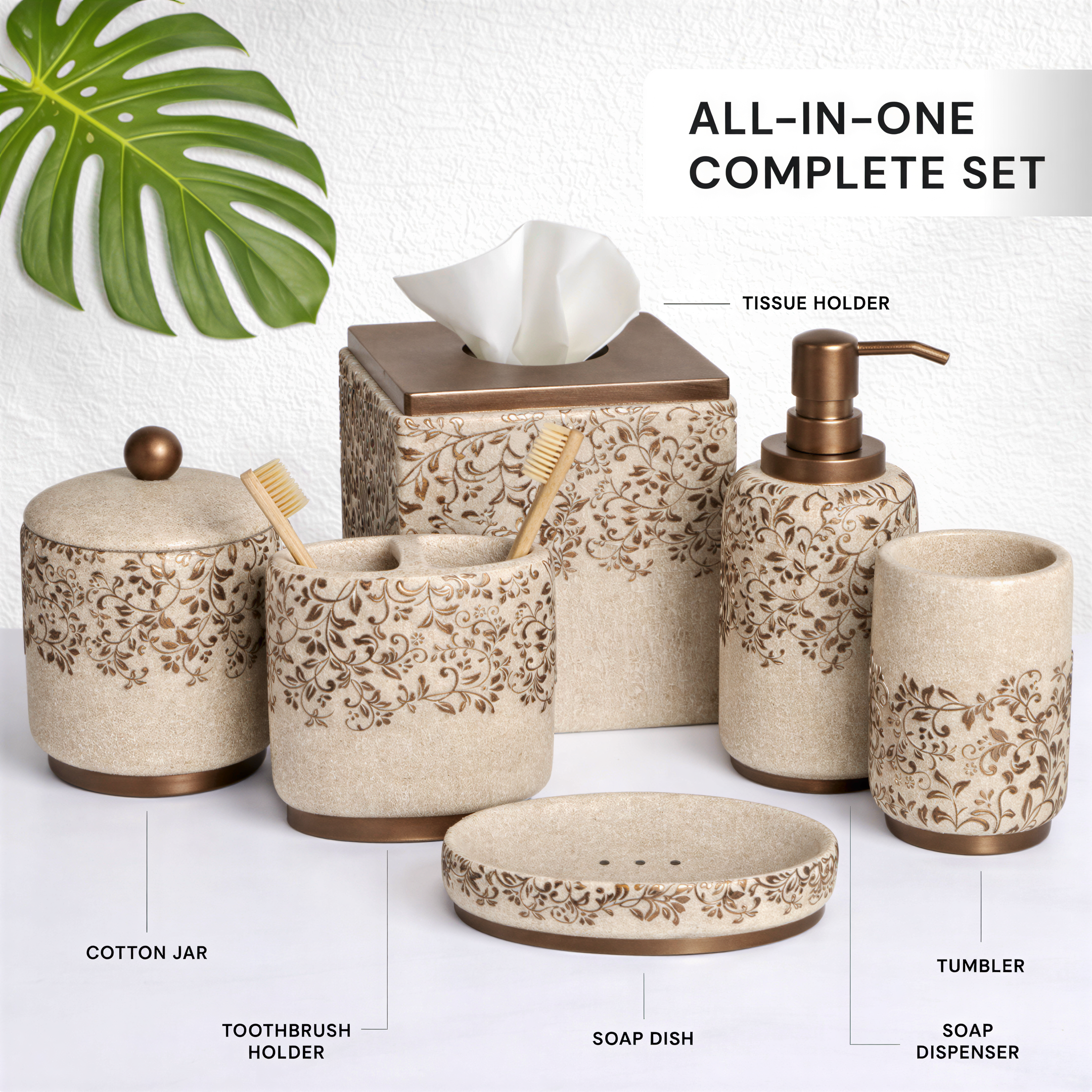 Bathroom Accessories Set | Modern Beige 6-Piece Bath Décor & Countertop Essentials