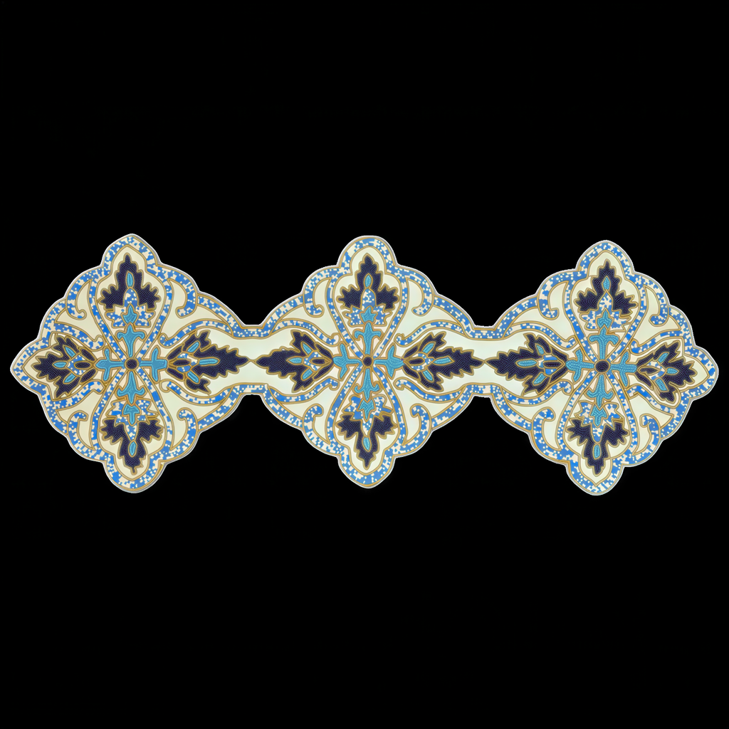 Beaded Table Runner - Blue White 36" x 13" | Embroidered Satin Fabric Backing