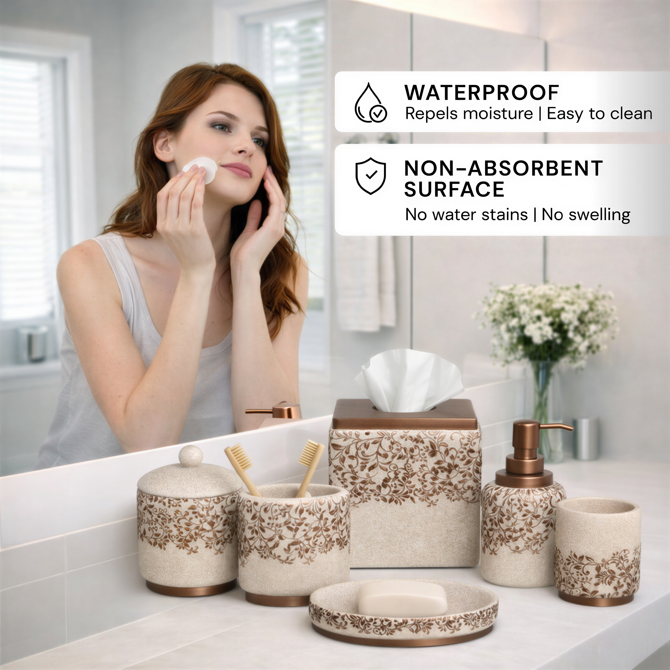 Bathroom Accessories Set | Modern Beige 6-Piece Bath Décor & Countertop Essentials